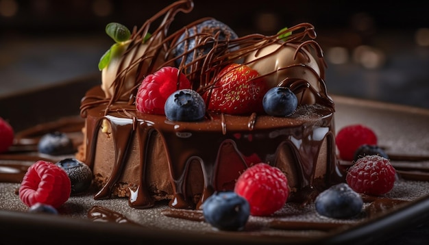 Indulgent raspberry cheesecake slice sits atop rustic wood generated by AI