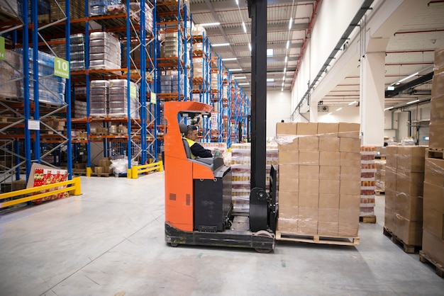 Industrial worker in protective uniform operating forklift in big warehouse distribution center