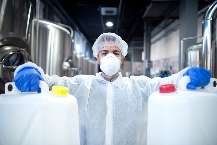 無料Photo 化学工業用の保護マスクと白い制服を保持するプラスチック缶を持つ産業労働者