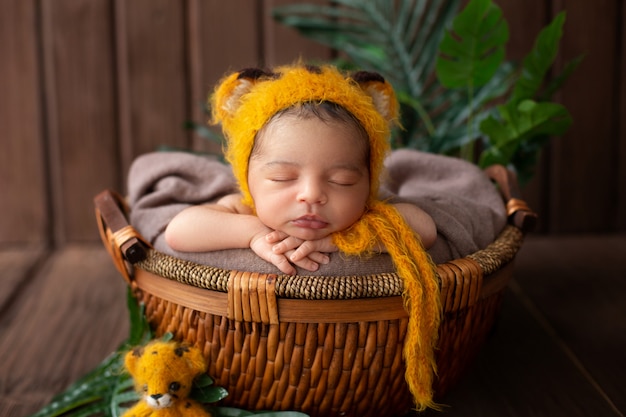 Infant sleeping pretty baby boy in yellow animal shaped hat and inside brown basket along with green leafs in wooden room