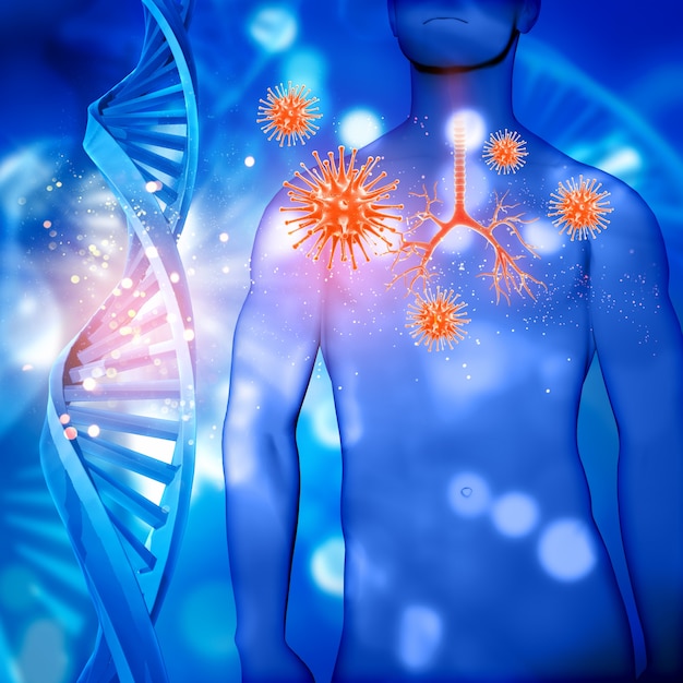 Бесплатное фото 3d визуализации медицинской мужской фигуры с бронх выделенный вирусные клетки и нити днк