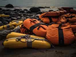 Бесплатное фото Надувные лодки и спасательные жилеты во время операции по ликвидации миграционного кризиса