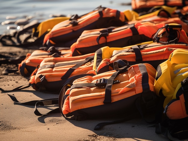 Free photo inflatable boats and life jackets during a migration crisis operation