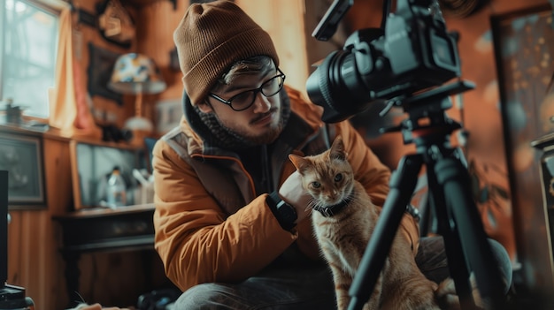 Free photo influencer and their pet creating content for online spaces and social media