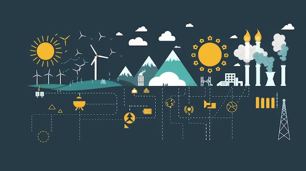 Free photo an infographic of global power flow with icons for oil coal sun wind and hydro