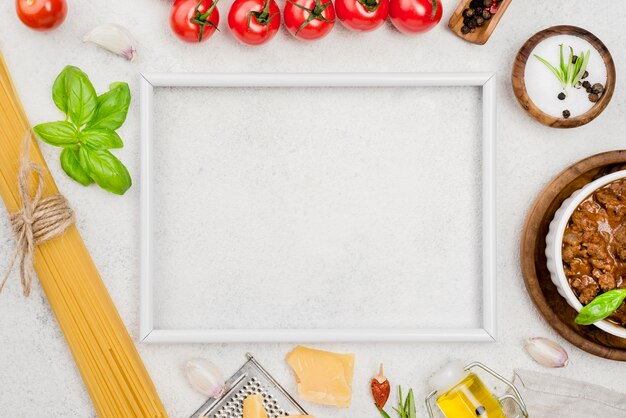 Ingredients for bolognese spaghetti and frame