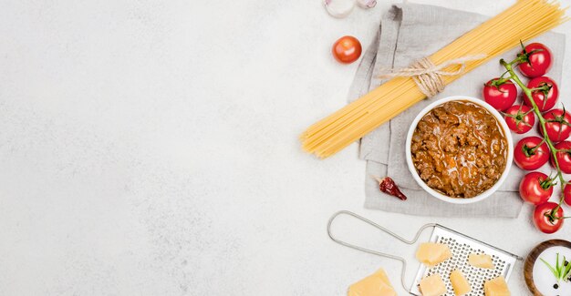 Ingredients for bolognese spaghetti