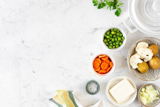 Ingredients for soup with meatballs and vegetables Food background Copy space