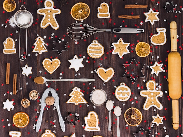 Free photo ingredients and tools for baking christmas gingerbread cookies