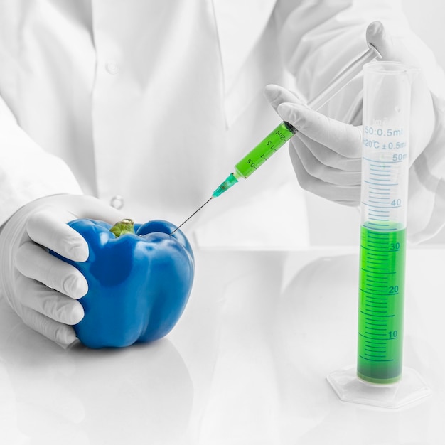 injecting chemicals and making a blue sweet pepper