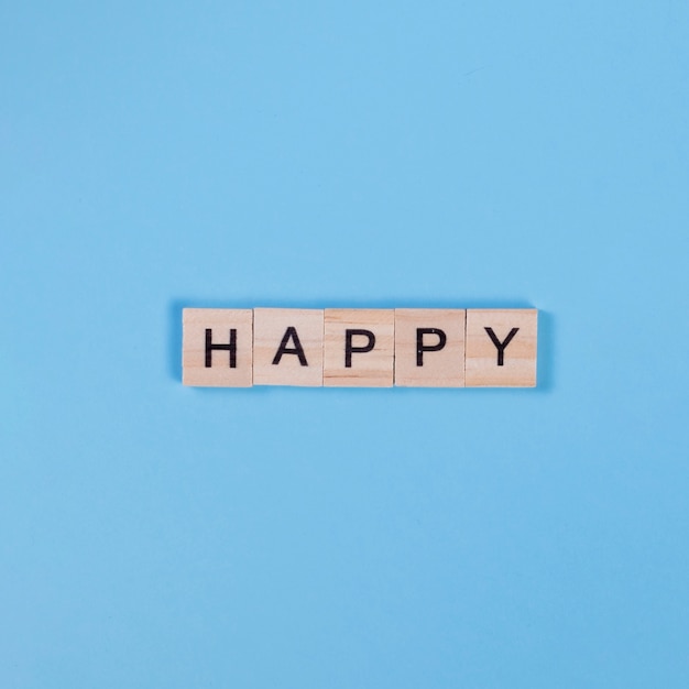 Inscription Happy on wooden pieces