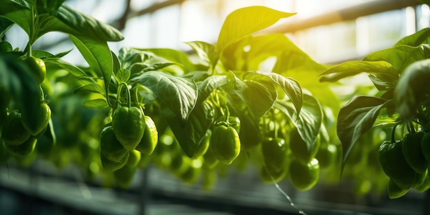 温室 の 中 に は,緑 の ペッパー の 植物 の 列 が 上 から 透過 する 光 を 探し求め て い ます