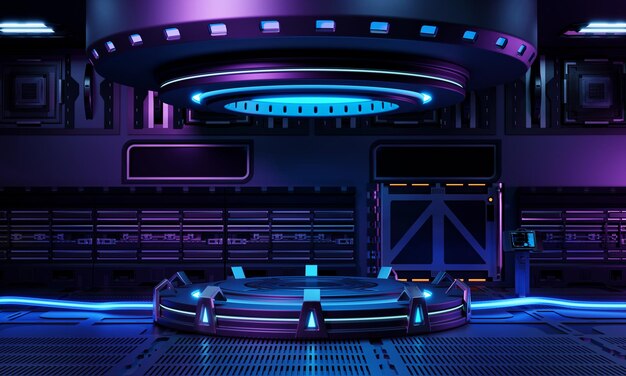Внутренняя архитектура лаборатории космического корабля и пустой подиум для презентации продуктов киберпанка. технологии и концепция научной фантастики. визуализация 3d-иллюстраций