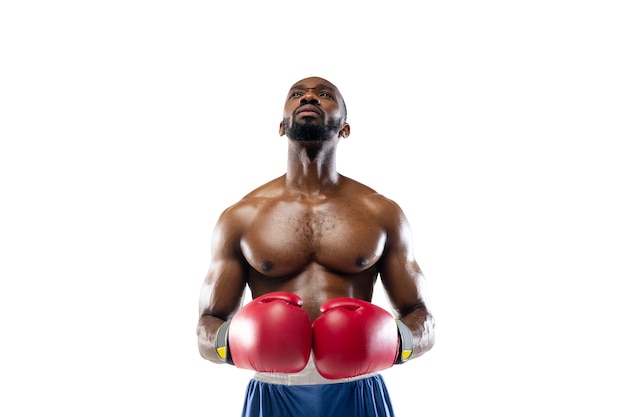 Free photo inspired. funny, bright emotions of professional african-american boxer isolated on white  wall. excitement in game, human emotions, facial expression and passion with sport concept.