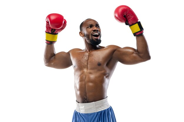 Inspired. Funny emotions of professional boxer isolated on white studio background. Excitement in game, human emotions, facial expression and passion with sport concept.