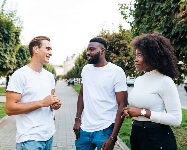 Free photo intercultural friends talking with each other