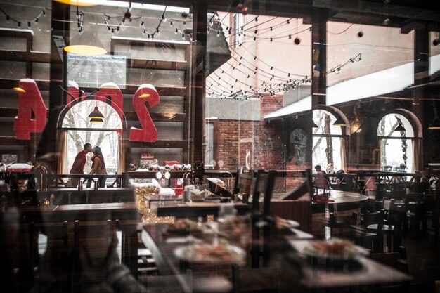 "Interior of cafe in winter"