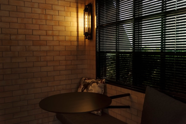 Interior of a cafe with brick walls