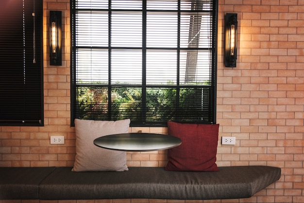 Interior of a cafe with brick walls