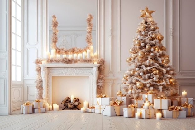 interior christmas magic glowing tree fireplace gifts on white wooden floor