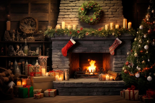 Interior christmas magic glowing tree fireplace gifts on wooden floor