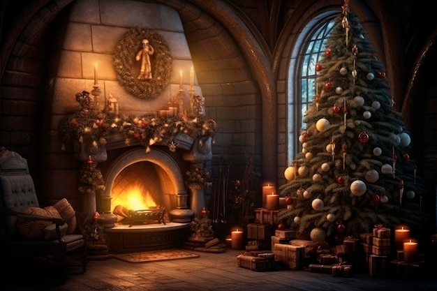 Free photo interior christmas magic glowing tree fireplace gifts on wooden floor