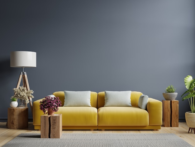 Interior dark blue wall with yellow sofa and decor in living room