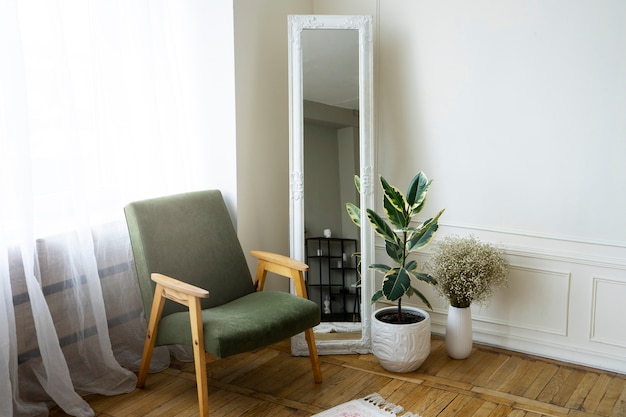 Interior decor with mirror and potted plant