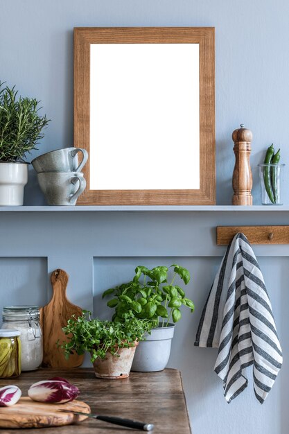 Premium Photo Stylish Interior Of Kitchen Space With Wooden Table Brown Photo Frame Herbs Vegetables Tea Pot Cup And Kitchen Accessories In Wabi Sabi Concept Of Home Decor