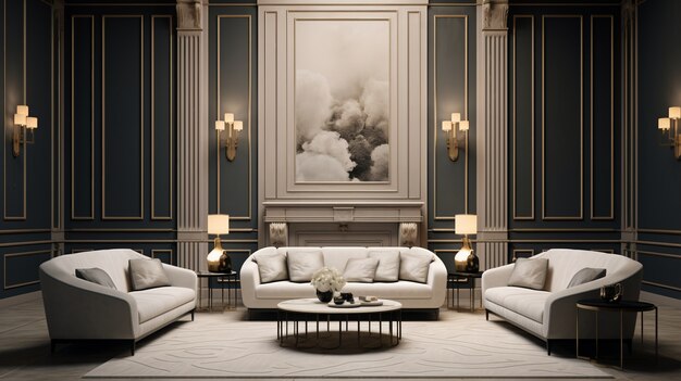 Interior design in neoclassical style with furnishings and decor