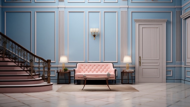 Interior design in neoclassical style with furnishings and decor