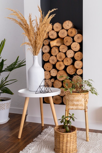 Interior design with logs and plants