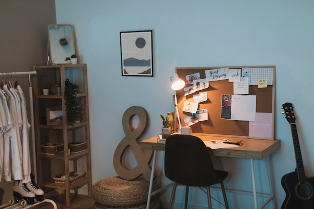 Interior design with photoframe and desk