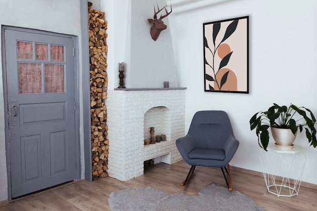 Interior design with photoframe and plant