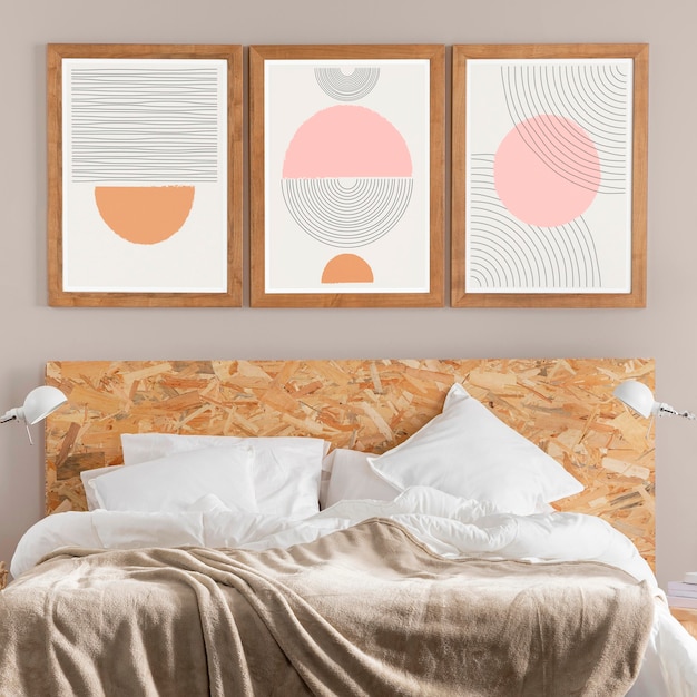 Interior design with photoframes and bed