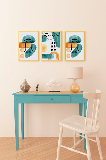 Free photo interior design with photoframes and blue table