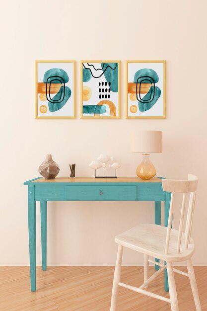 Interior design with photoframes and blue table