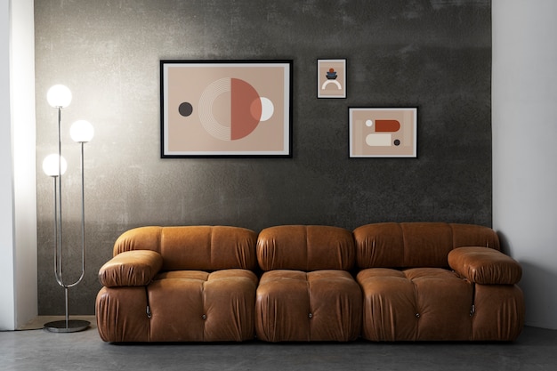 Дизайн интерьера с фоторамками и коричневым диваном