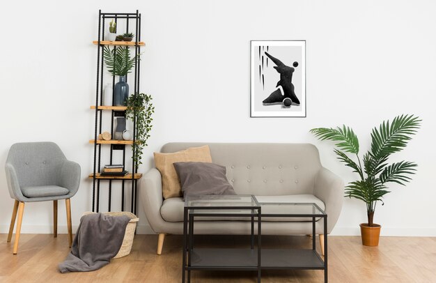 Interior design with photoframes and couch