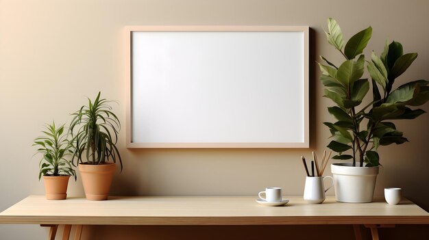 interior Empty wooden picture frame mockup hanging on beige wall background