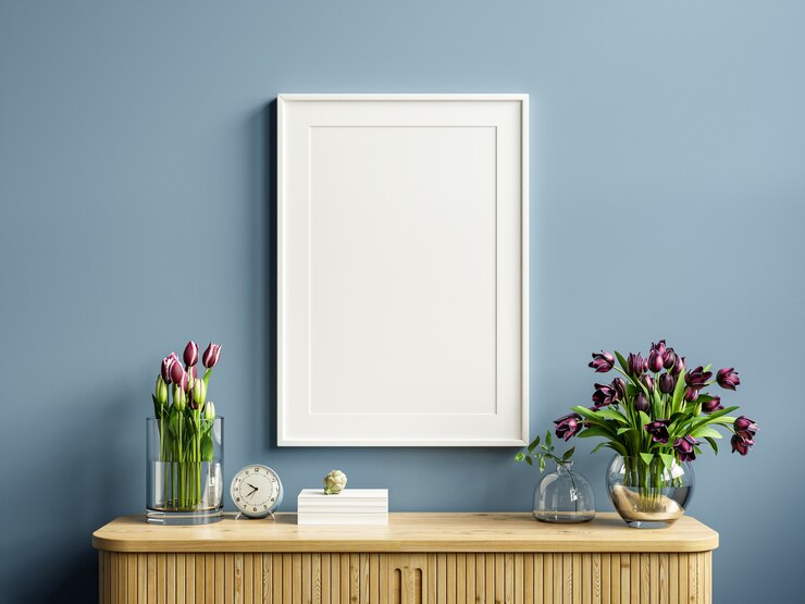  Interior frame photo mockup with vertical empty wooden cabinet,blue wall,3d rendering Premium Photo