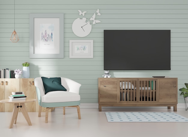 Interior mockup in a room with blue slats on the wall and a picture frame a blue armchair is posit