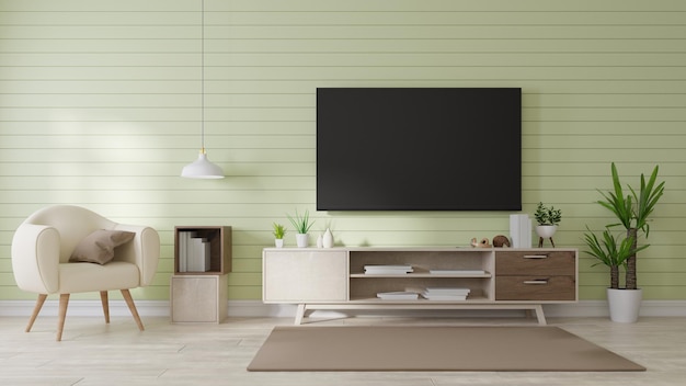 Макет интерьера smart tv в комнате с телевизором на зеленой стене