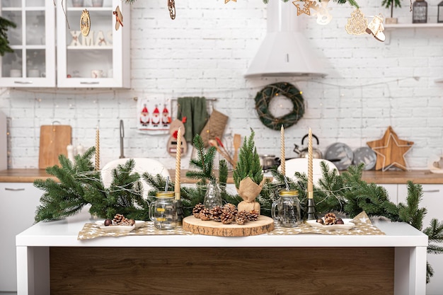 Interior of a modern kitchen decorated for christmas