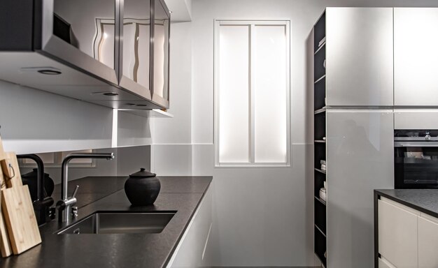 Interior of a modern kitchen in a minimalist style