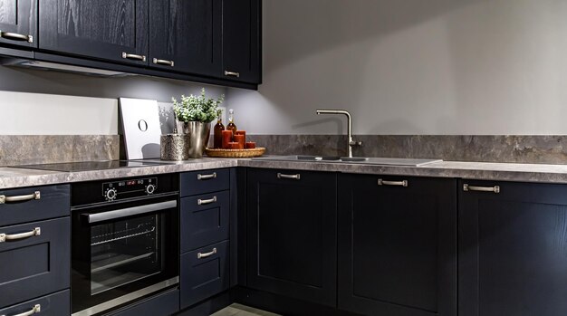 Interior of a modern kitchen with wooden details