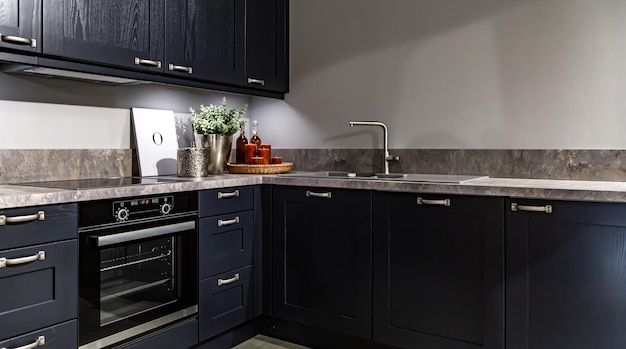 Interior of a modern kitchen with wooden details