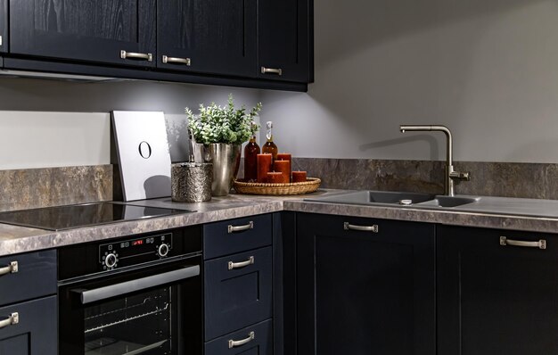 Interior of a modern kitchen with wooden details