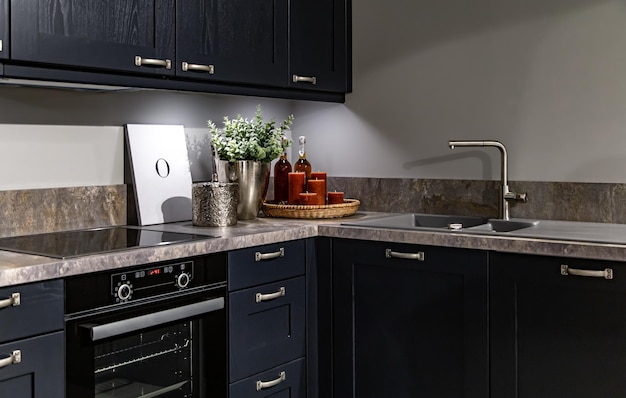 Interior of a modern kitchen with wooden details