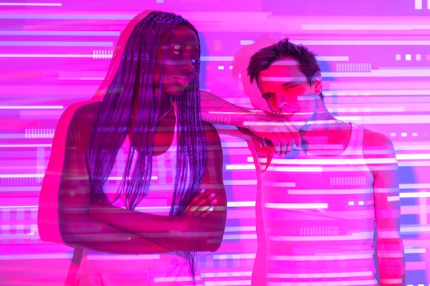 Interior portrait of woman and man in vaporwave style
